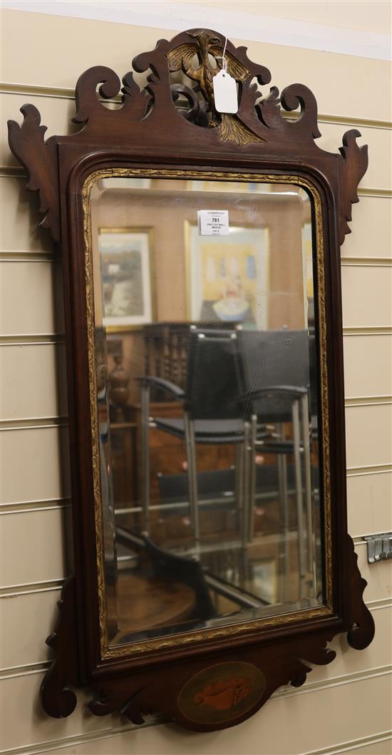 A George III mahogany and marquetry fret cut wall mirror W.51cm